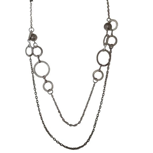 Silver-Tone Layered Necklace Textured Circular Links Double Chain Design - Picture 4 of 4